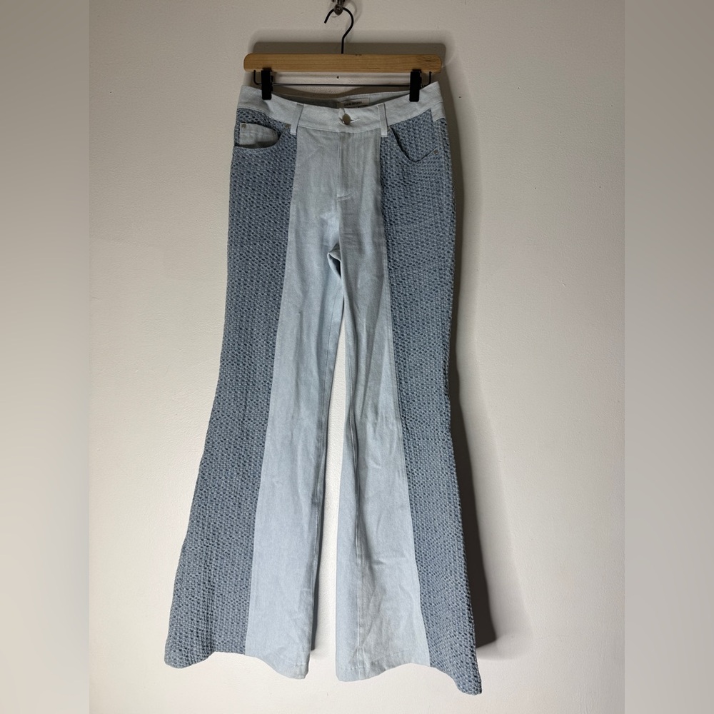 sabina musayev Lisett Blue Bell Bottom Jean Pants 2 Toned Textured Size Small